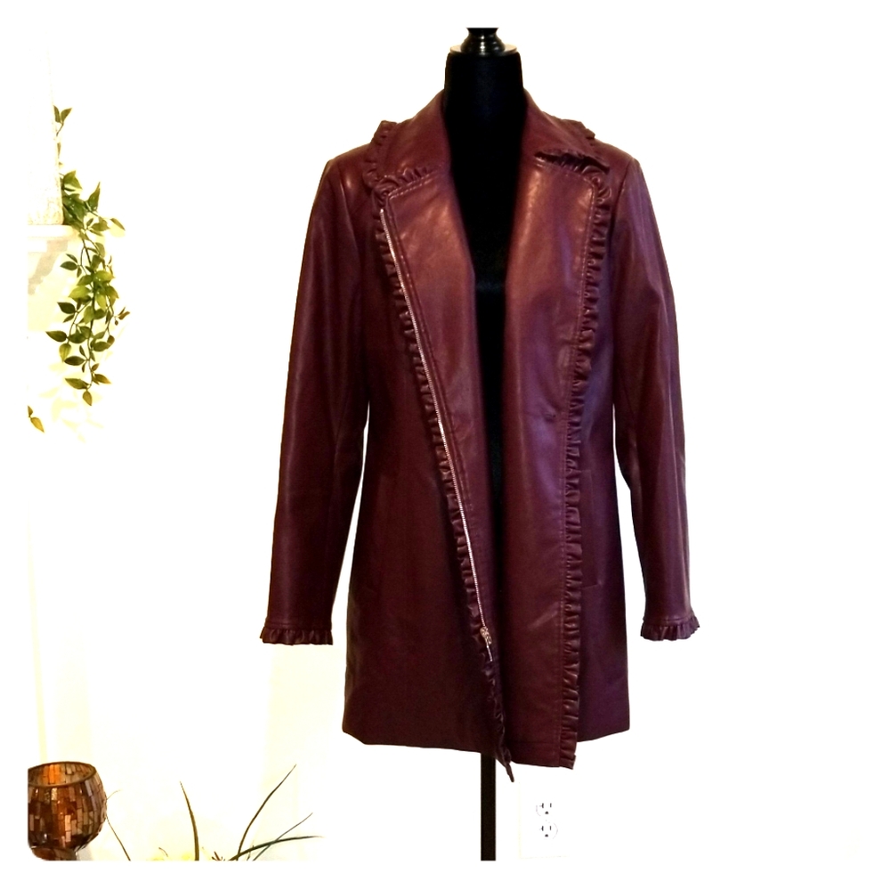 NEW Dennis Basso ruffle faux leather jacket small